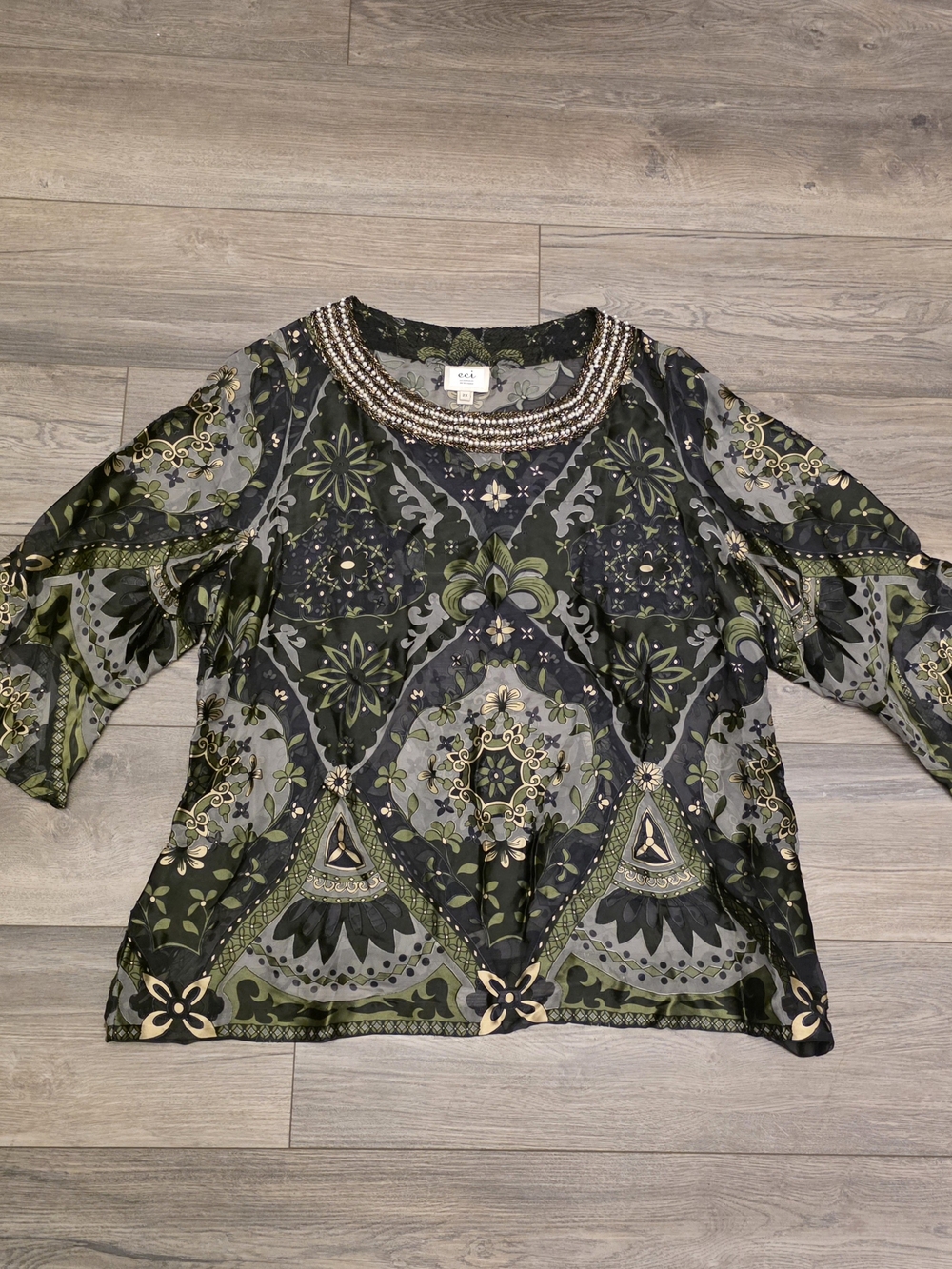 ECI New York Embellished Boho Chiffon Blouse -3/4 Flutter Sleeve Size 2X